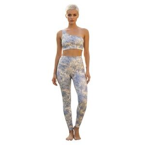 Noli Yoga Blue Cream Tigers Island Tropical Activewear Bra and Pants Set Small